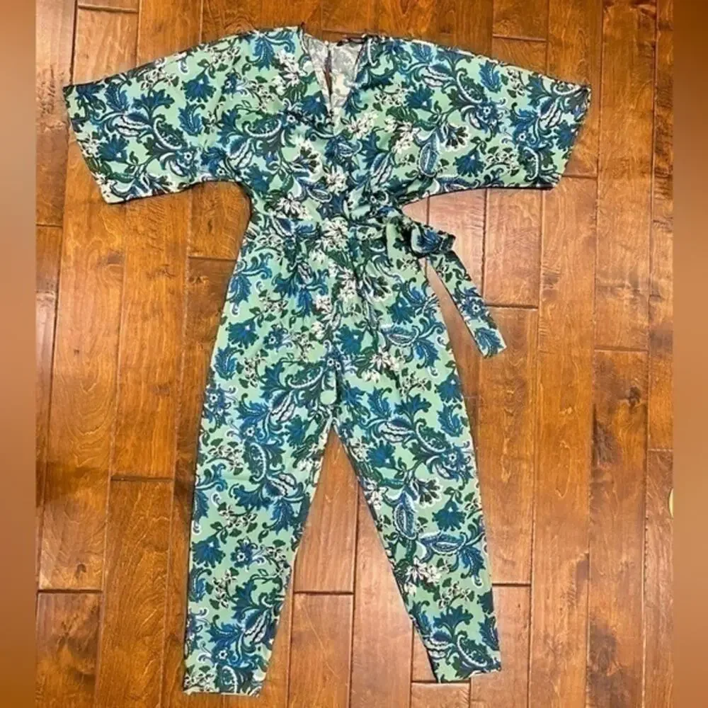 Zara NWT Blue Paisley Belted Wide Leg Jumpsuit S